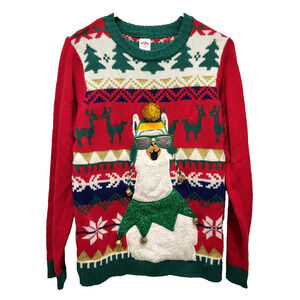 Holiday Time Christmas Llama Sweater Jingle Bells All Over Design Youth XL 14-16
